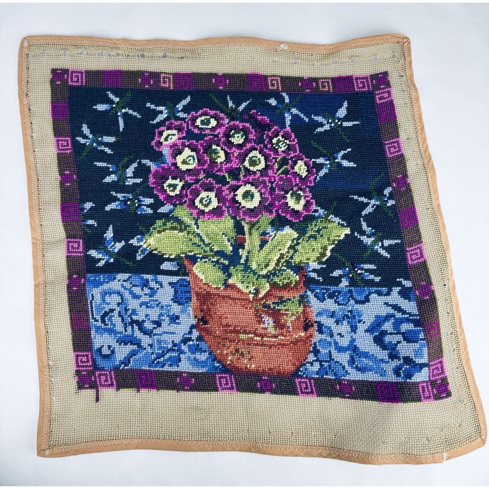 Vintage Ehrman Needlepoint Completed Stitched Canvas "Auriculas" by Jill Gordon